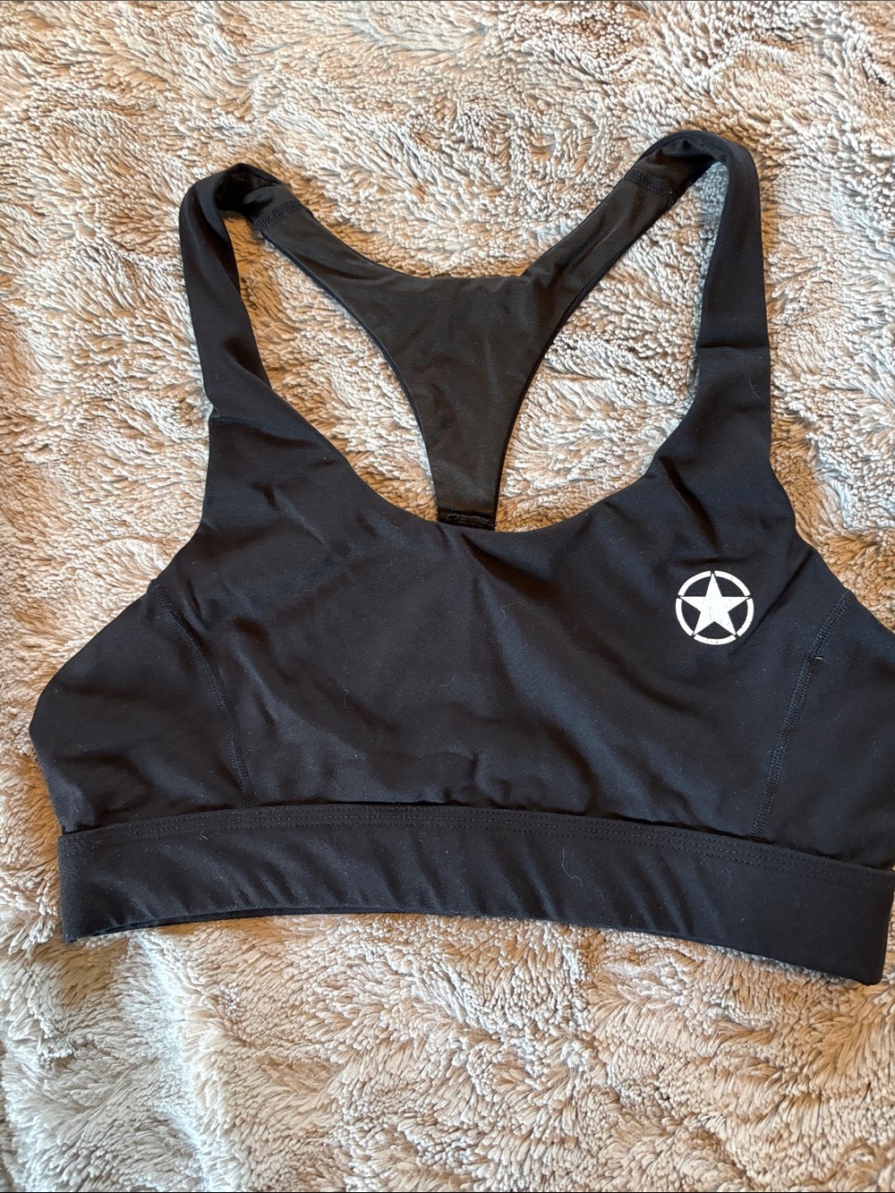 Black Racerback Sports Bra with White Star Logo